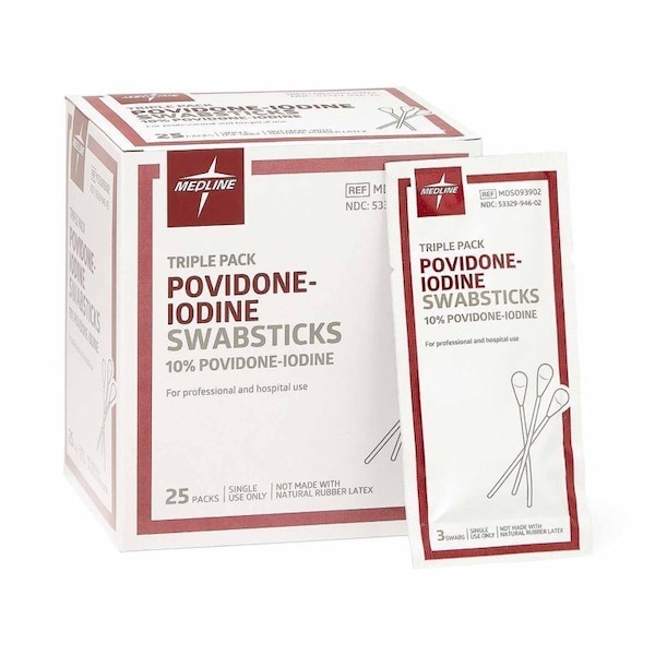 Medline Impregnated Swabstick, 3 per Pack, Povidone-Iodine, Individual Packet, NonSterile, 250PK MDS093902 - main